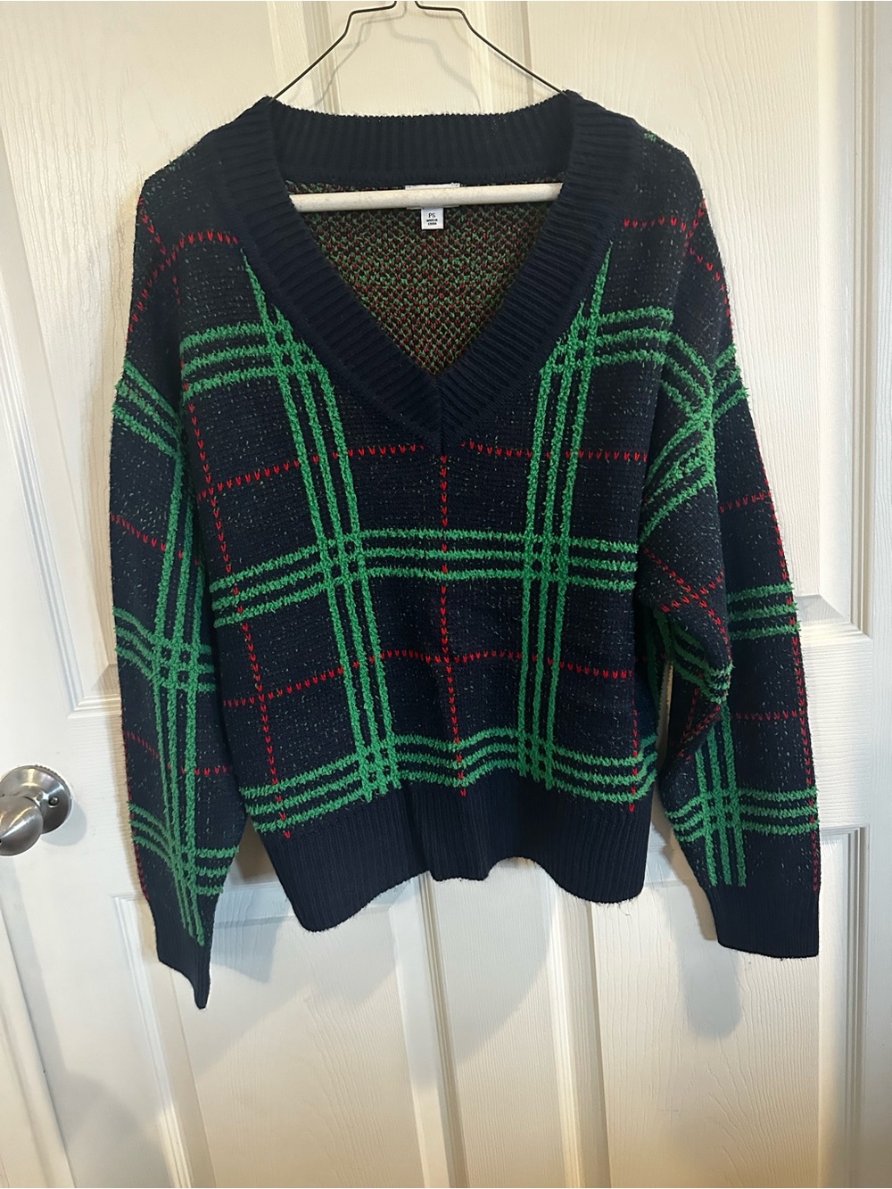 crown & ivy Navy V-Neck Sweater with Green & Red Plaid